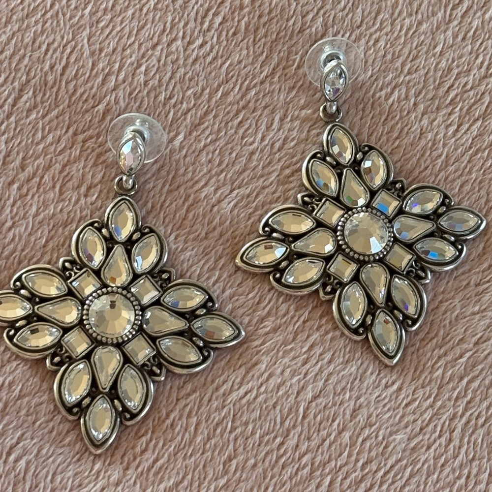 Brighton Silver-Tone Swarovski Crystal Floral Dangle Earrings - Picture 10 of 10